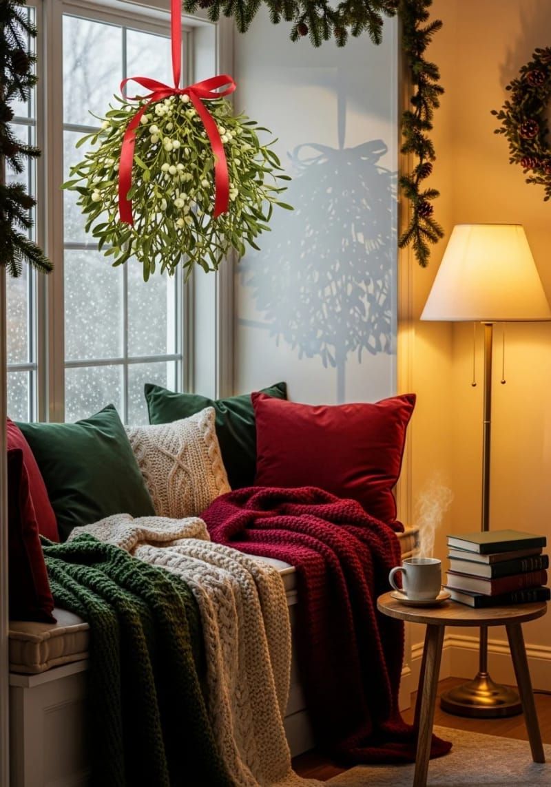 20. Mistletoe orb hanging above a cozy reading nook