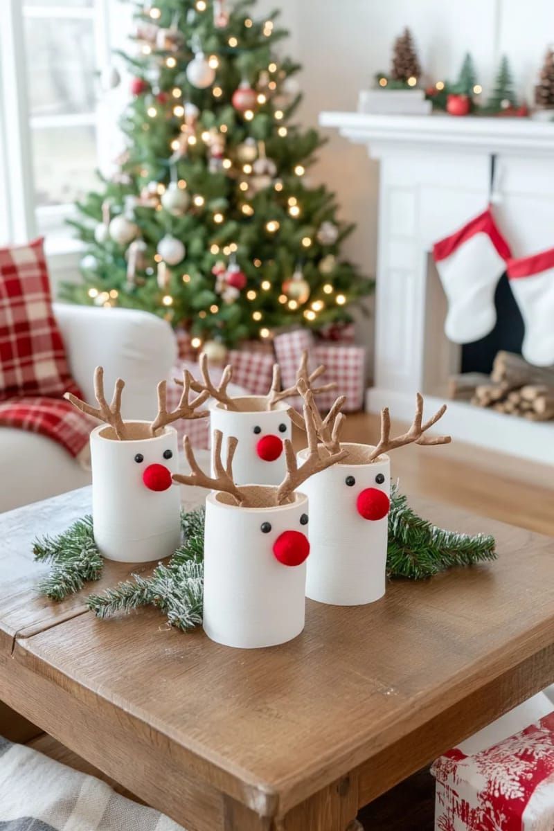9. Reindeer made from toilet paper rolls with twig antlers and red pom-pom noses - photo 2