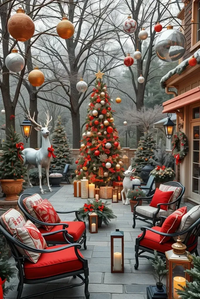 Outdoor Red and Silver Christmas Tree Decor