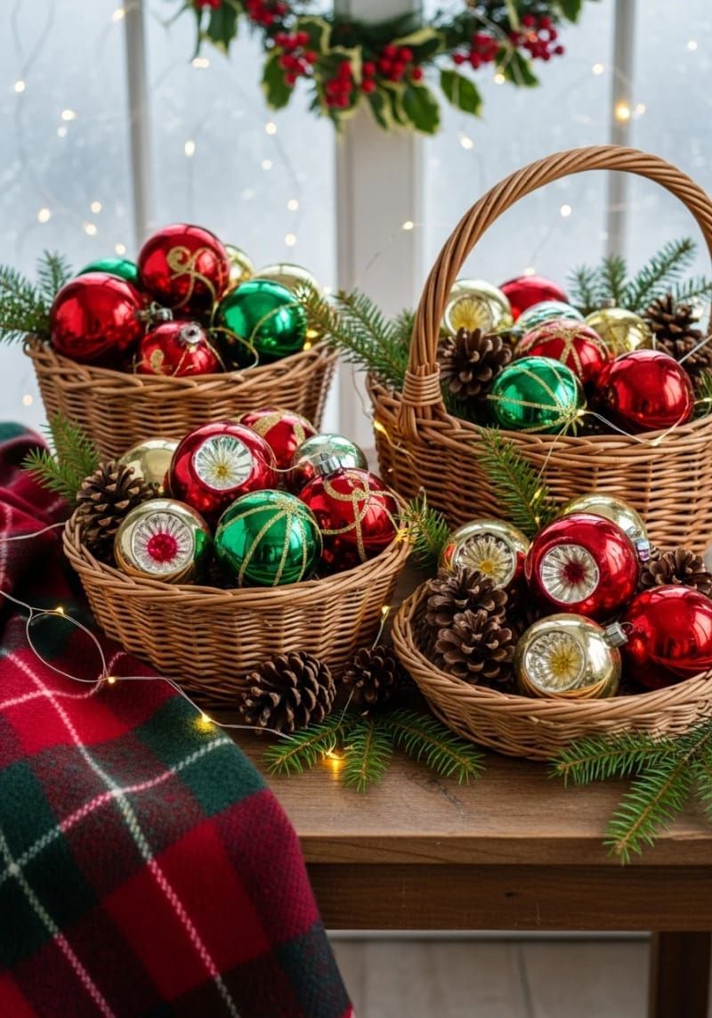 4. Wicker baskets holding glass ornaments and pinecones