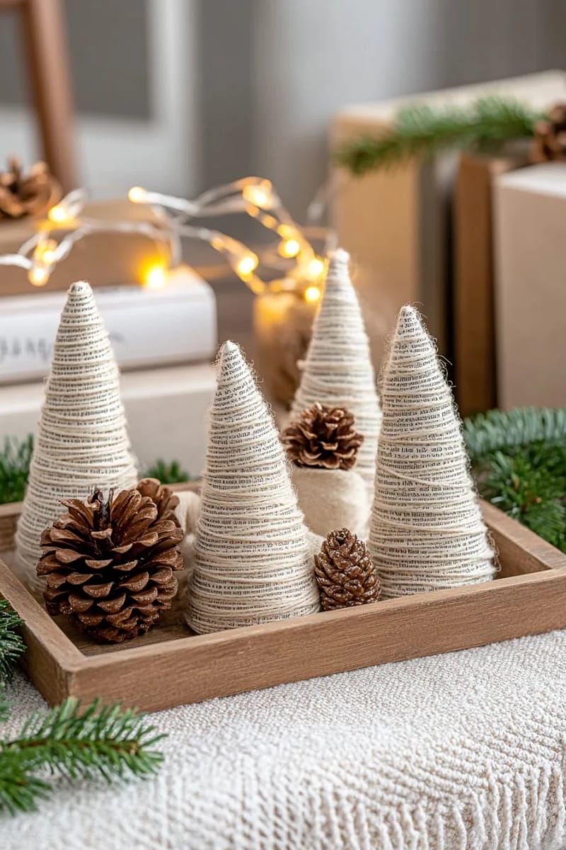 1. Small Christmas trees crafted from rolled book pages and twine decorations - photo 2