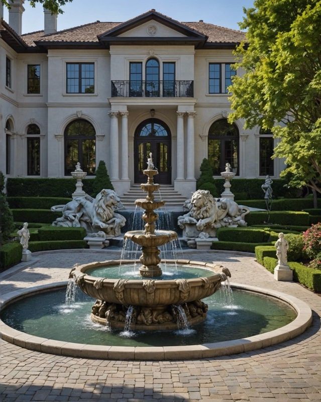 Driveway Fountain Paired With Statuary