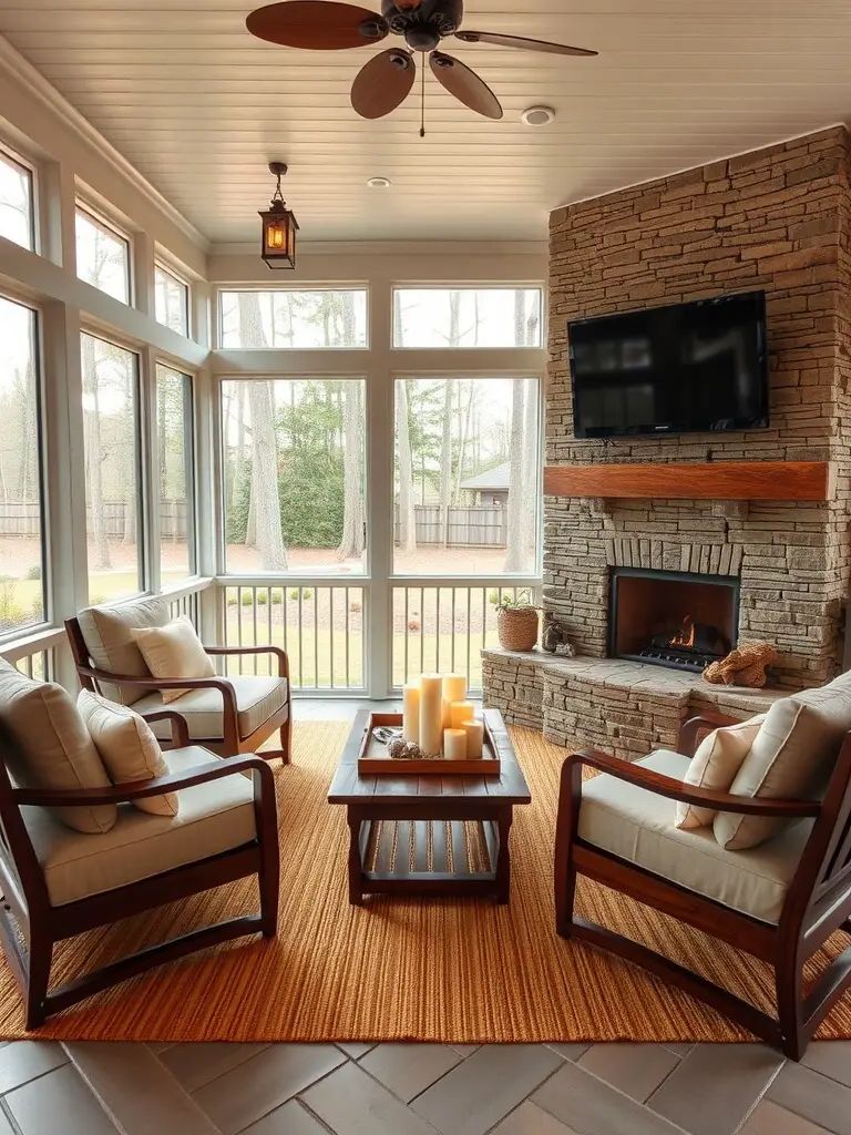 34. Screened Porch Featuring a Lovely Fireplace