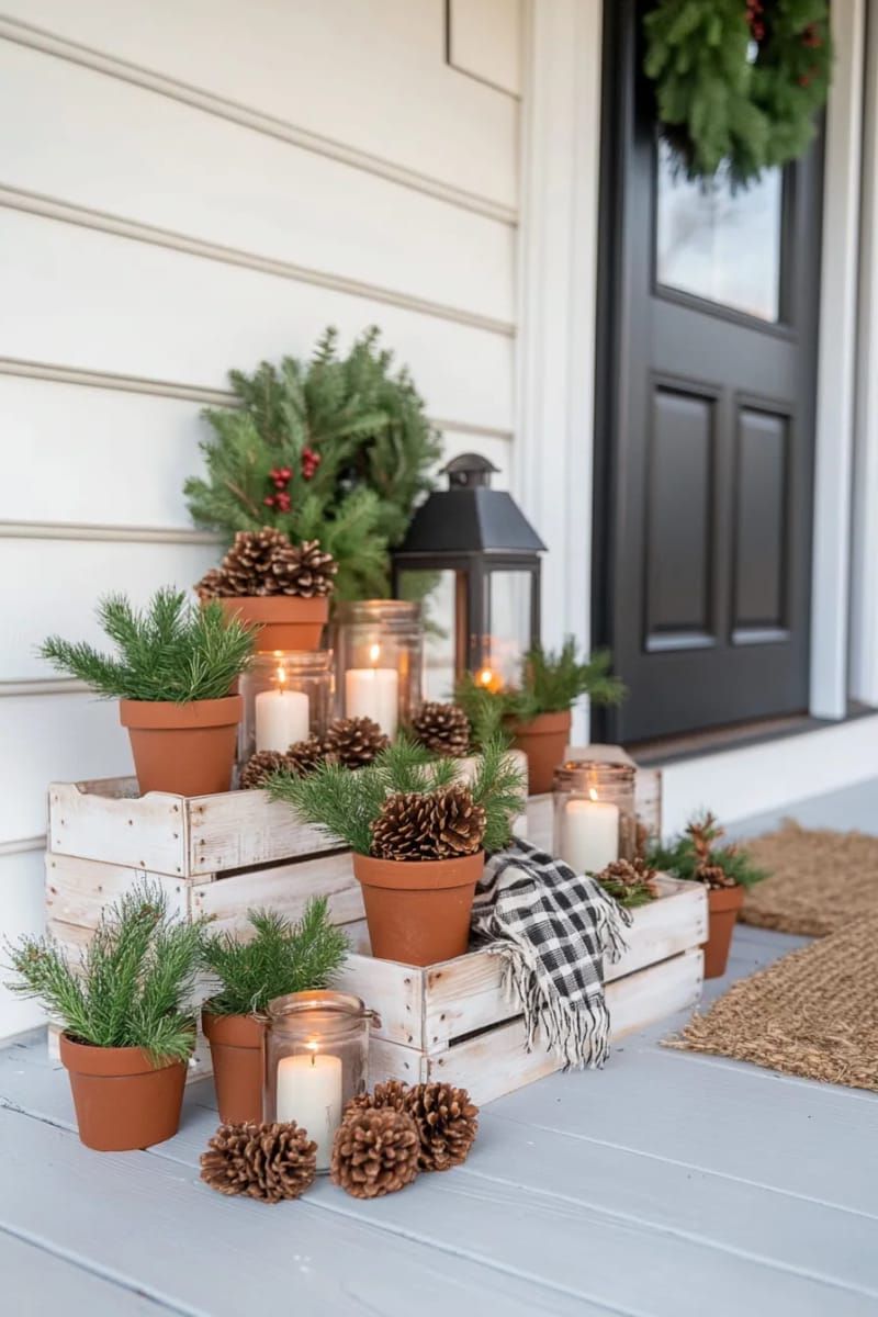 7. White Wooden Crates with Potted Evergreens