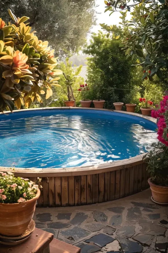 Above Ground Pool in a Garden Setting