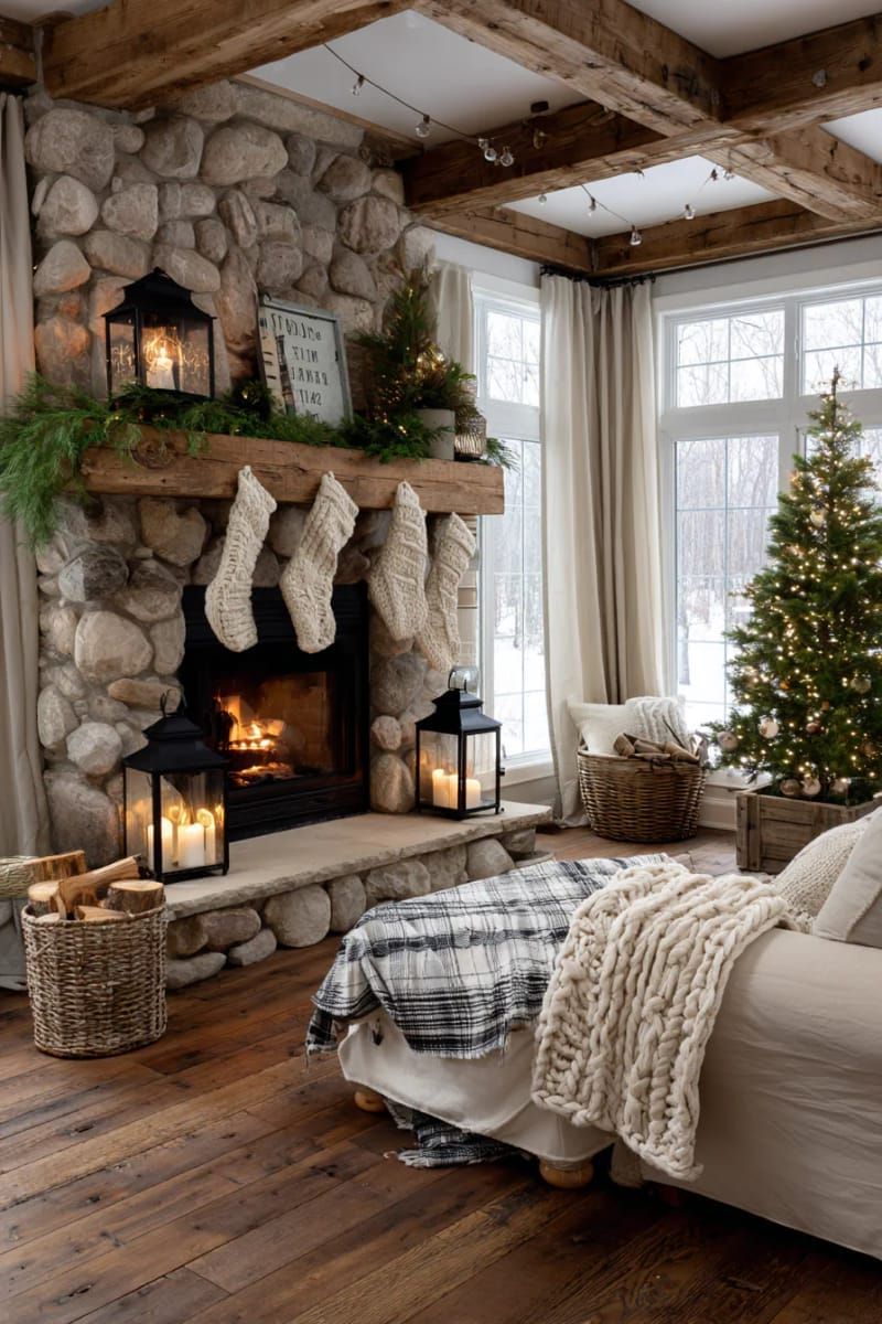 16. Comfortable knitted socks draped over a charming wooden fireplace shelf