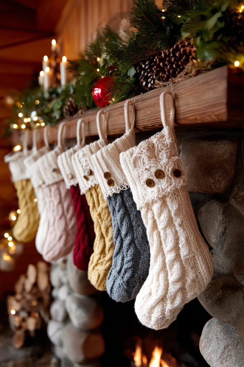 22. Lace and button-decorated Christmas stockings made from sweater sleeves