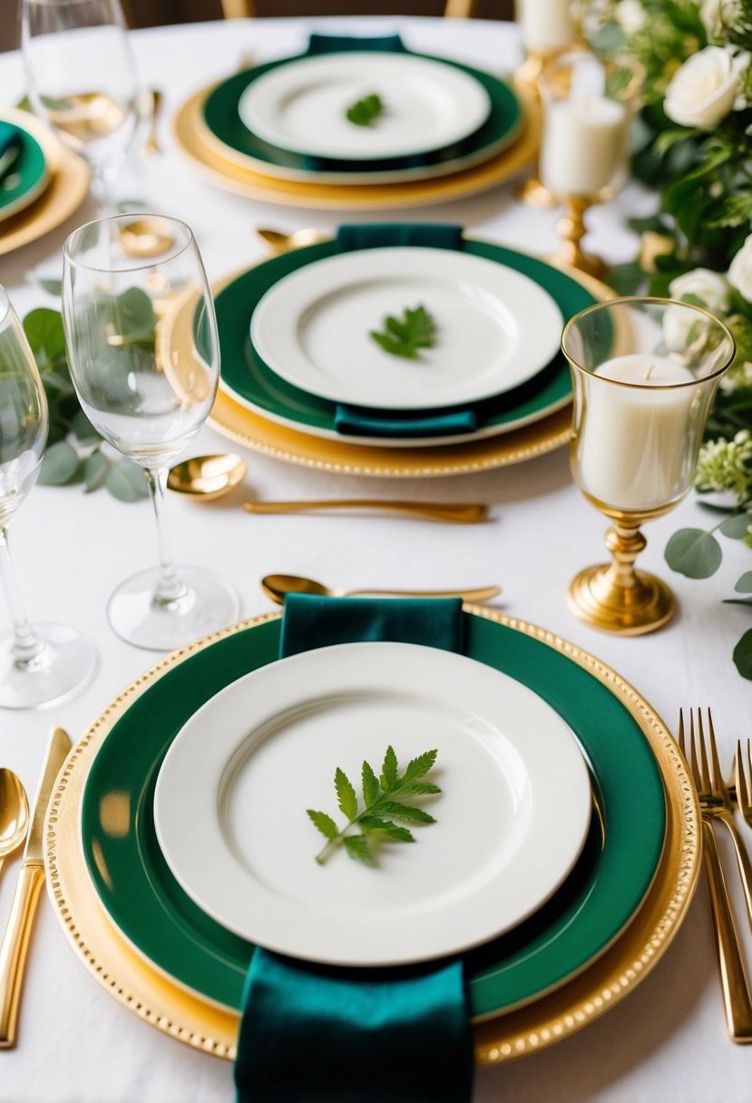 5) Gold chargers paired with green and white plates