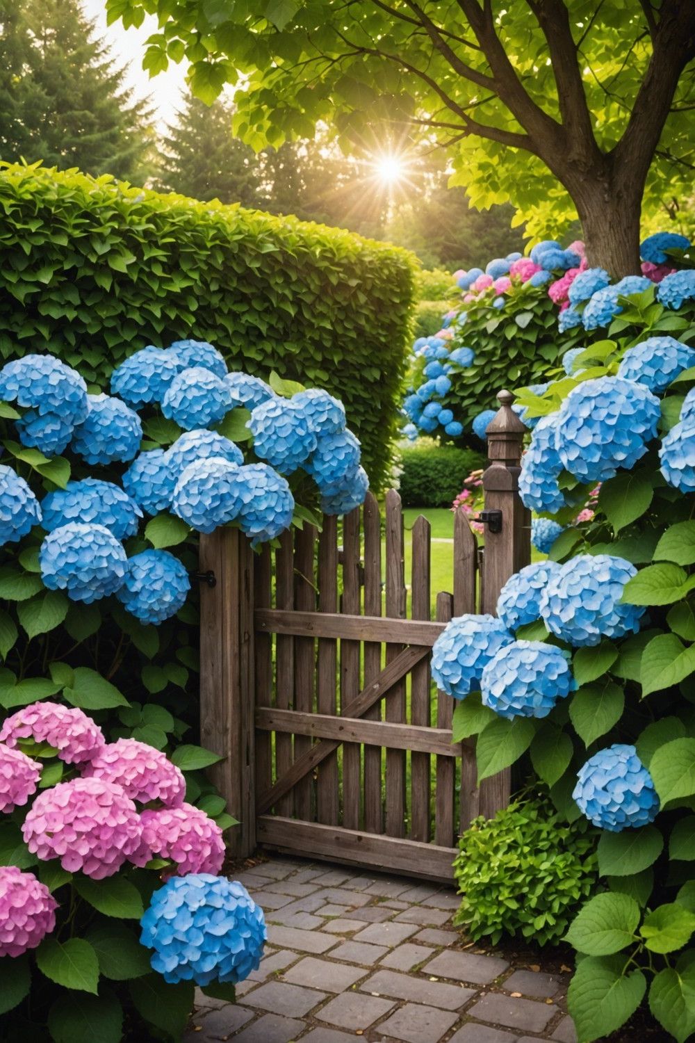 Hydrangea Hedges Framing a Garden Gate