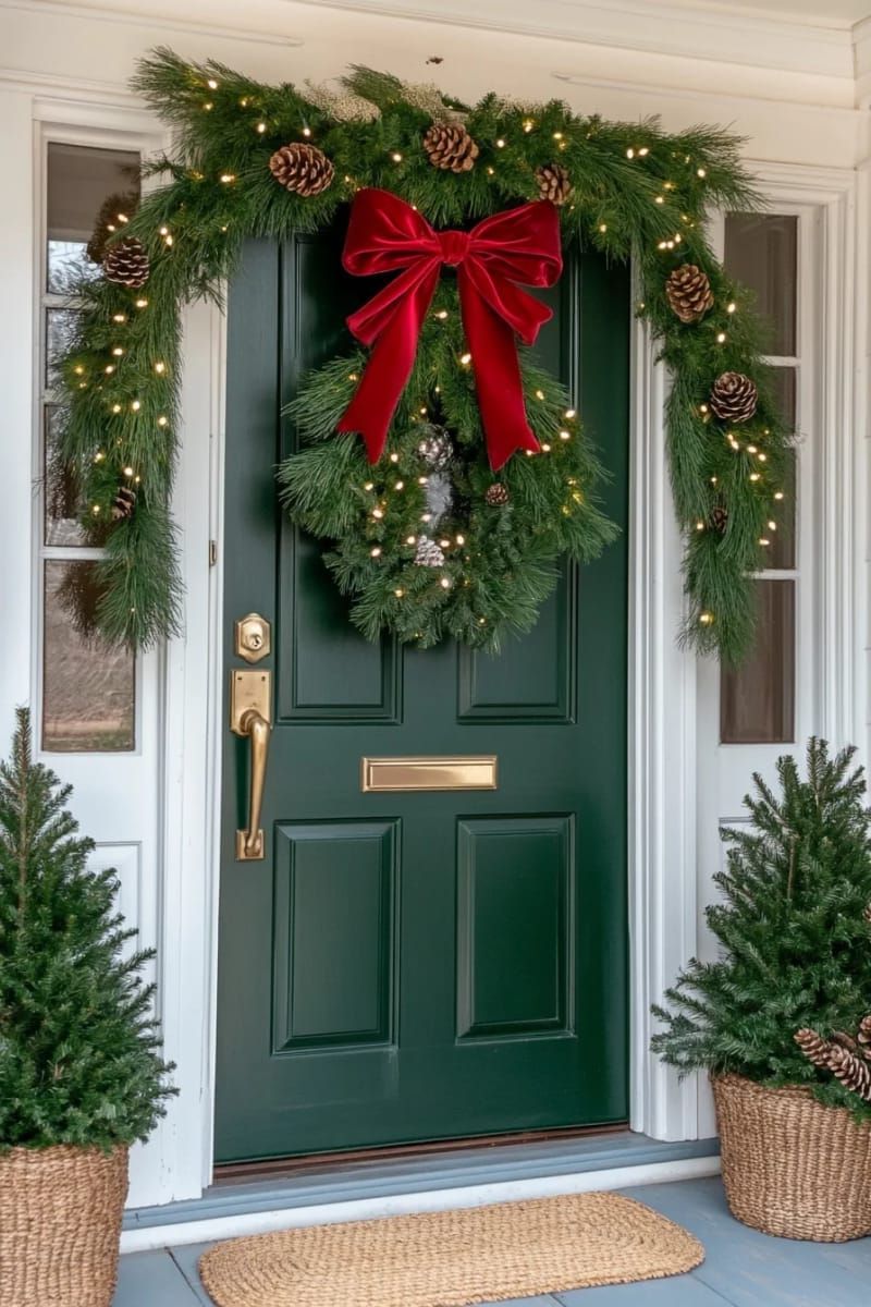 1. Red Velvet Bow with Pine Garland and Pinecones - photo 2