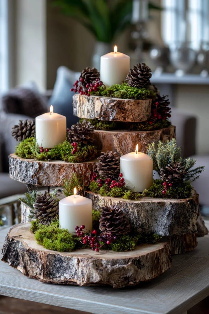 13. Tiered Candle Holder with Moss and Pinecones - photo 2