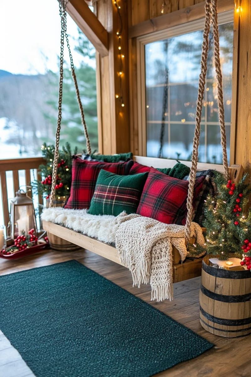 12. Farmhouse Porch Swing with Tartan Pillows and Blankets