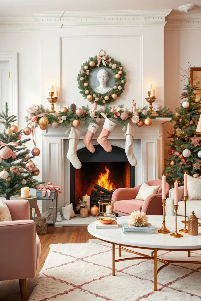 Festive Pink Fireplace Decor with a Whimsical Twist