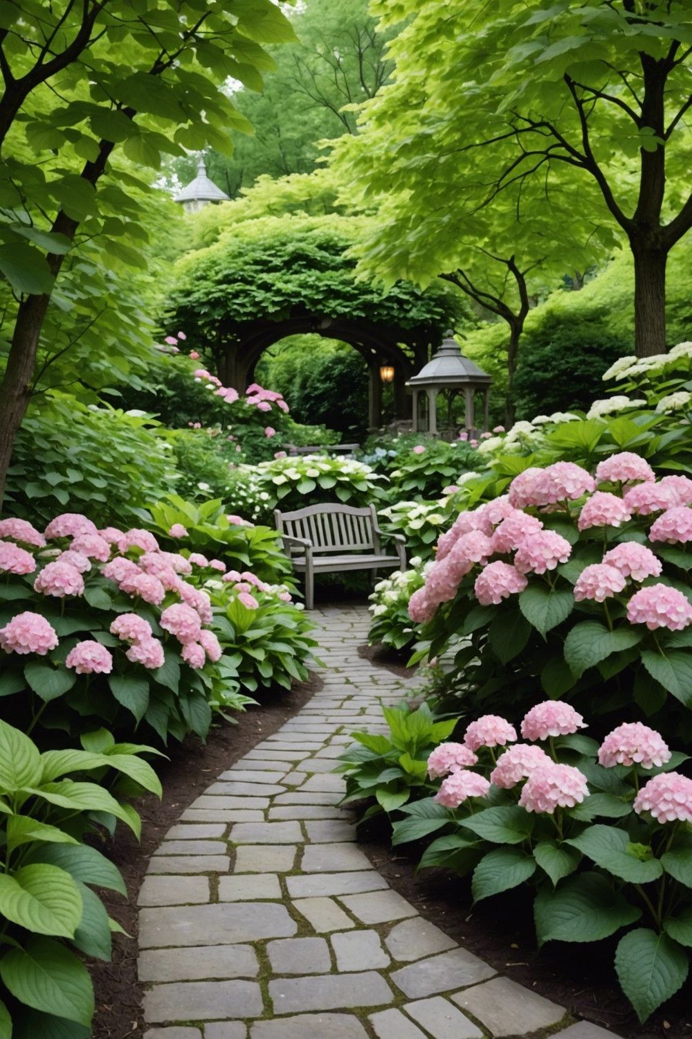 Enchanted Garden Style with Pink Hydrangeas and Ruffled Hostas