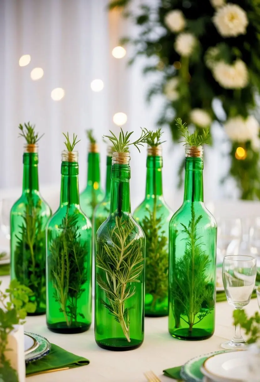 8) Green Glass Bottles with Fresh Herbs