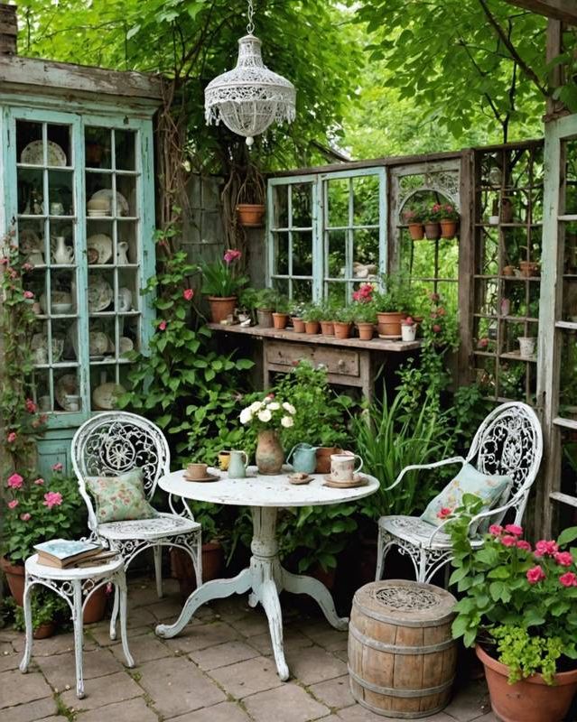 Shabby Chic Garden With Distressed Furniture And Antiques