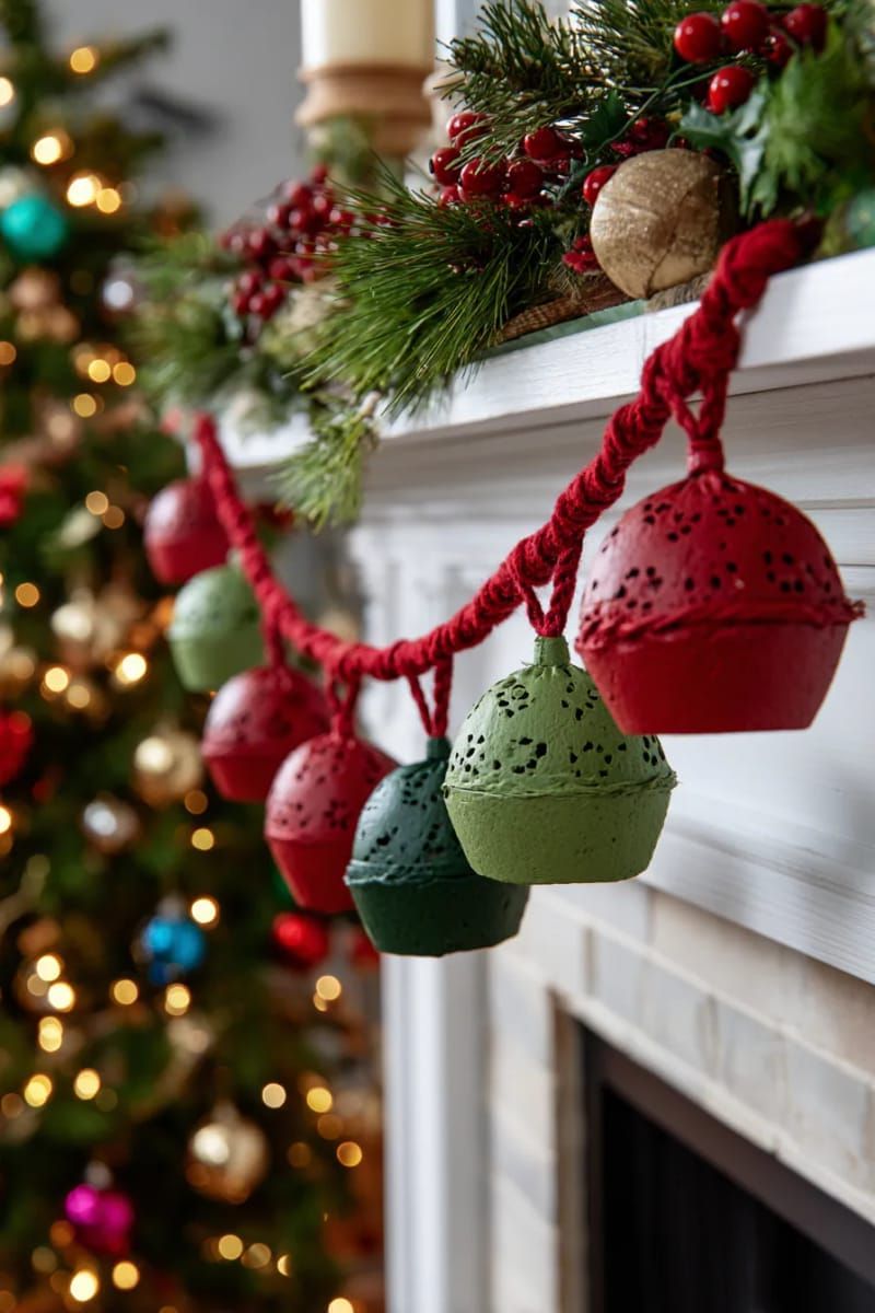 23. Bells made from egg cartons linked with red and green yarn - photo 2