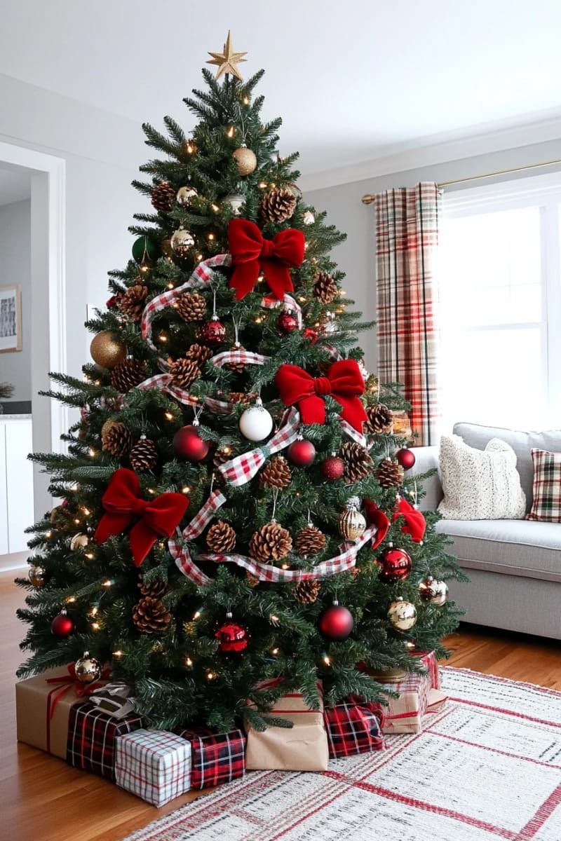24. Red velvet bows, pinecones, and plaid for classic style