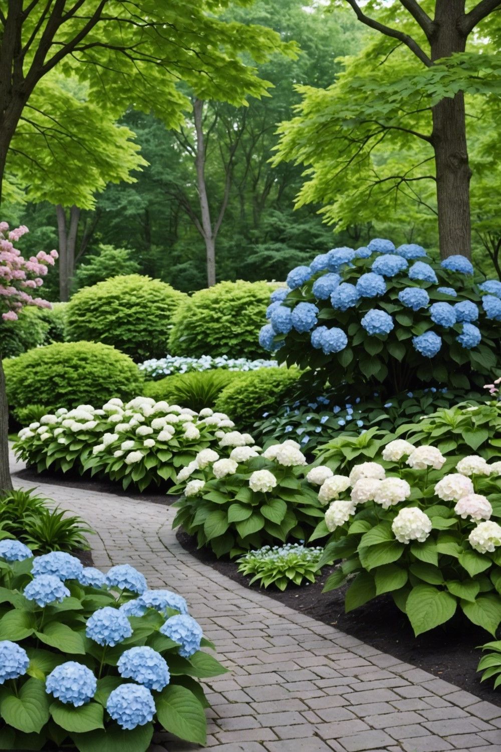 Classic Pairing of Lacecap Hydrangeas and Shade-Loving Hostas