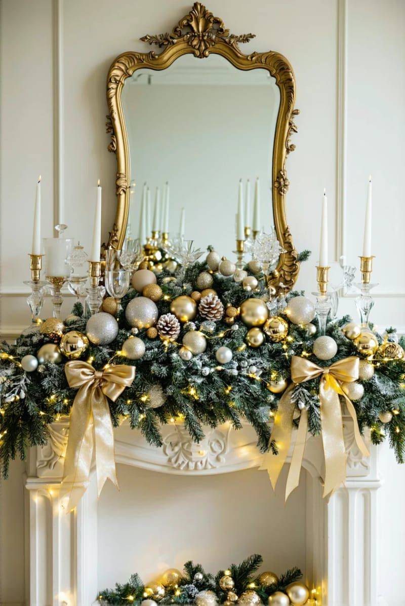 8. Gold and White Mantel With Layered Greenery - photo 2