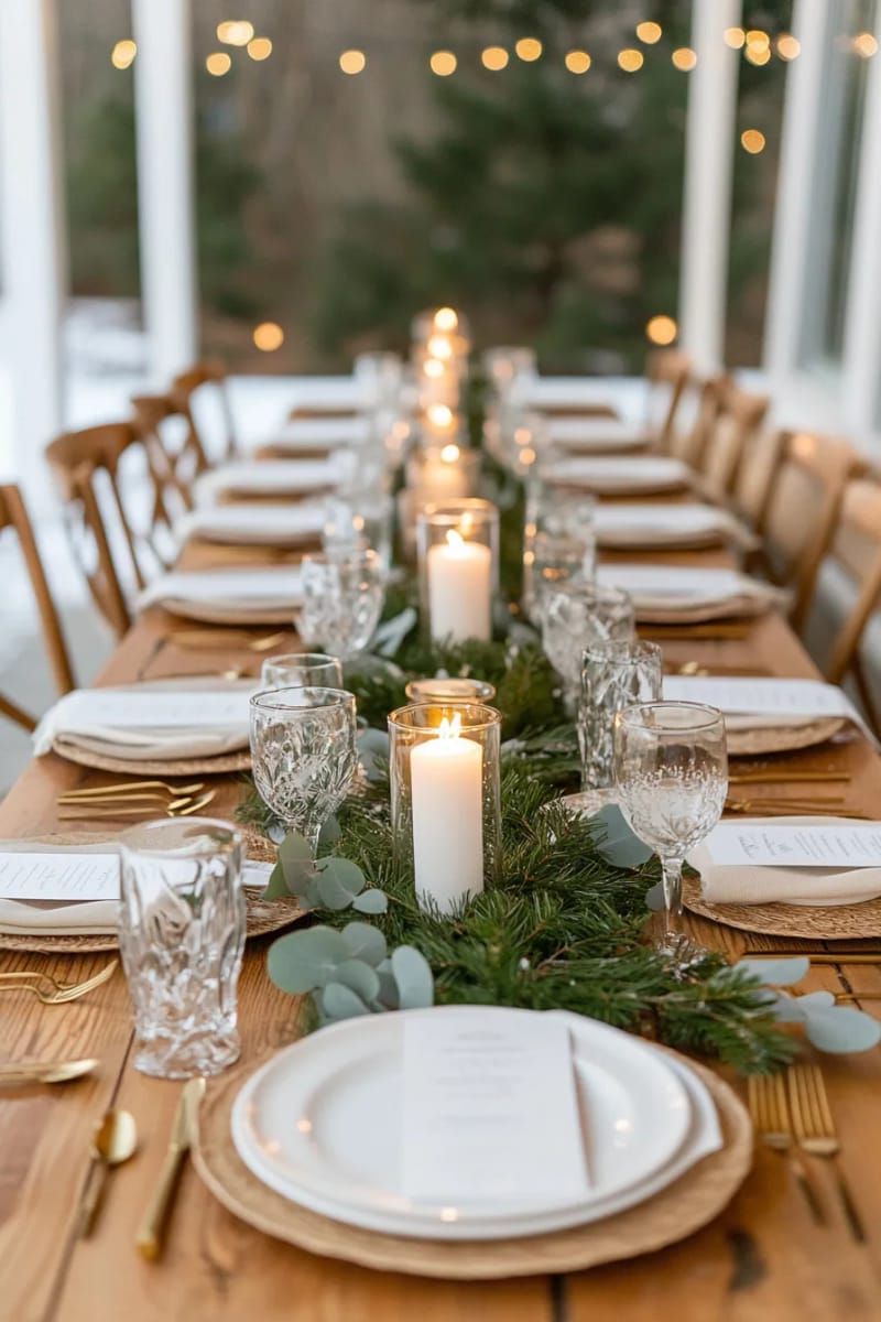 15. Frosted Faux Greenery Runner With Pillar Candles