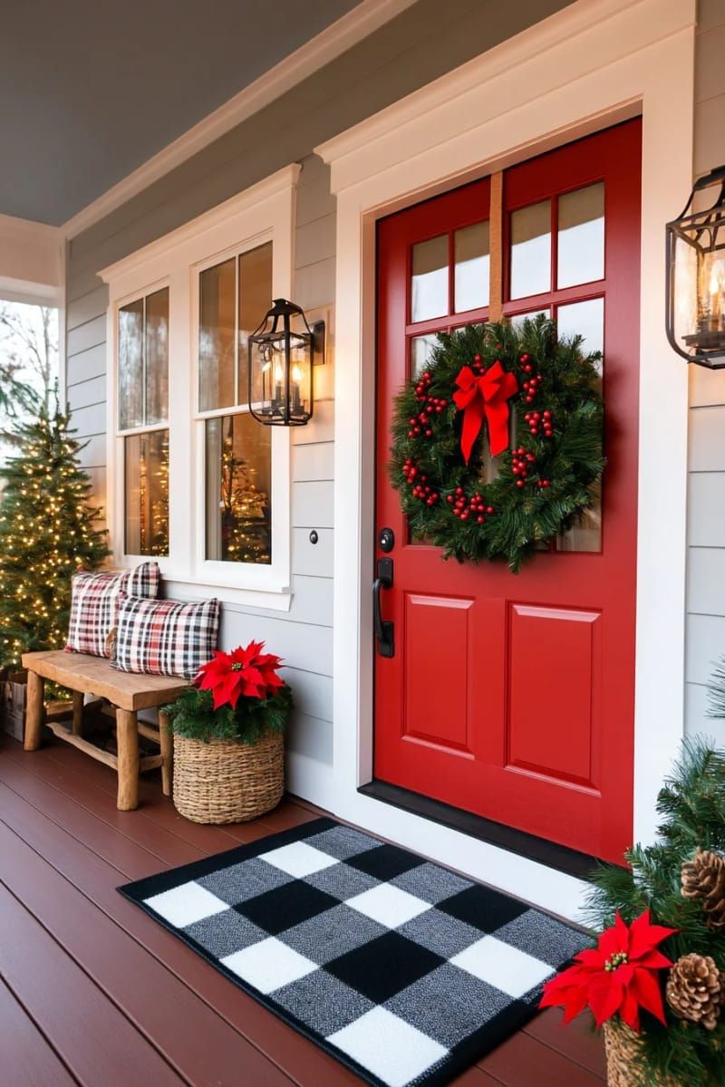 24. Red Door Styled with Layered Wreaths and Plaid Mat - photo 2