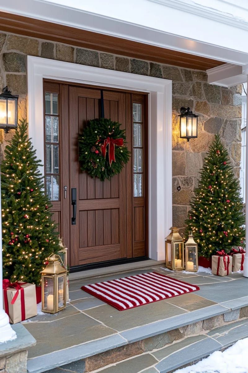 8. Matching Pre-Lit Fir Trees Flank the Doorway