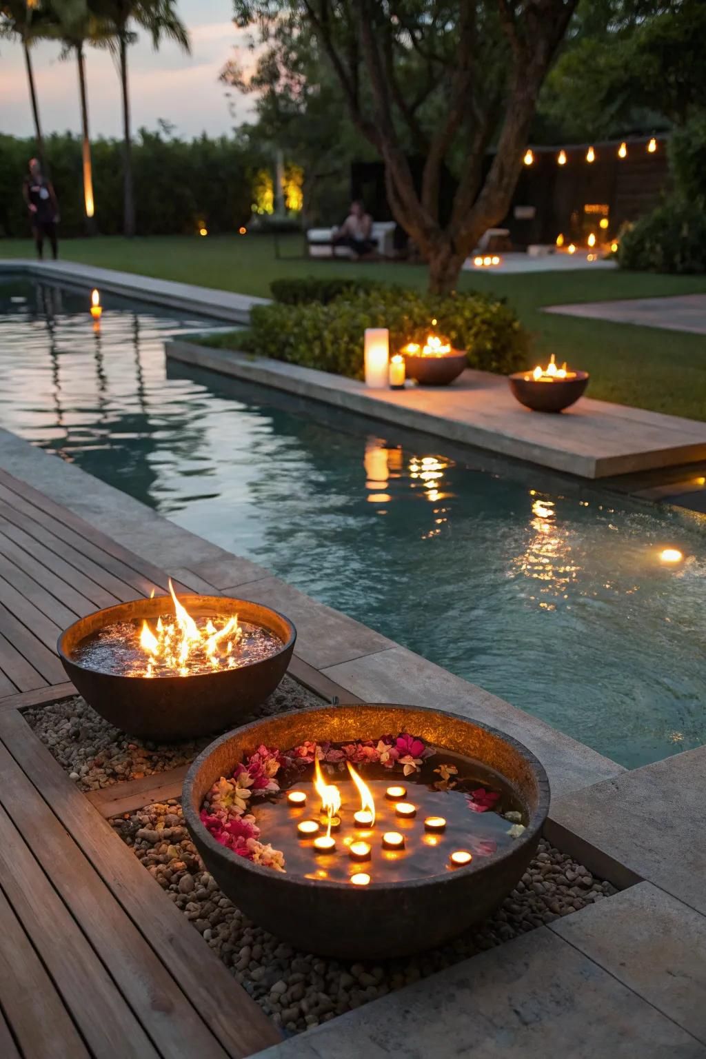 Floating Candles Paired with Fire Bowls