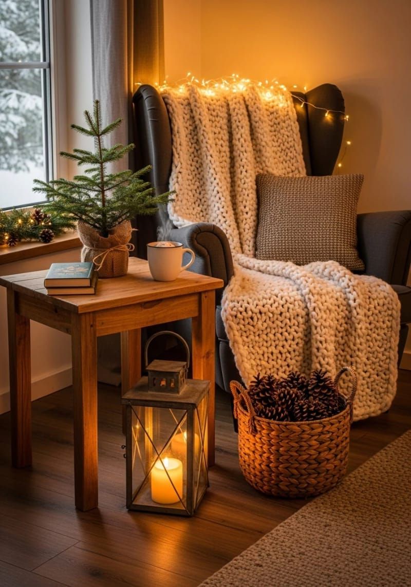 25. Armchair Nook With Blanket and Fir Tree