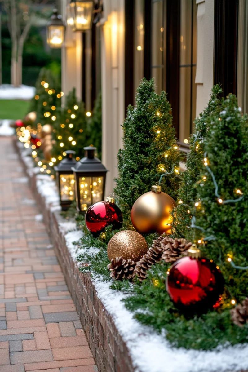 27. Red and Gold Ornaments Tucked Into Shrubbery