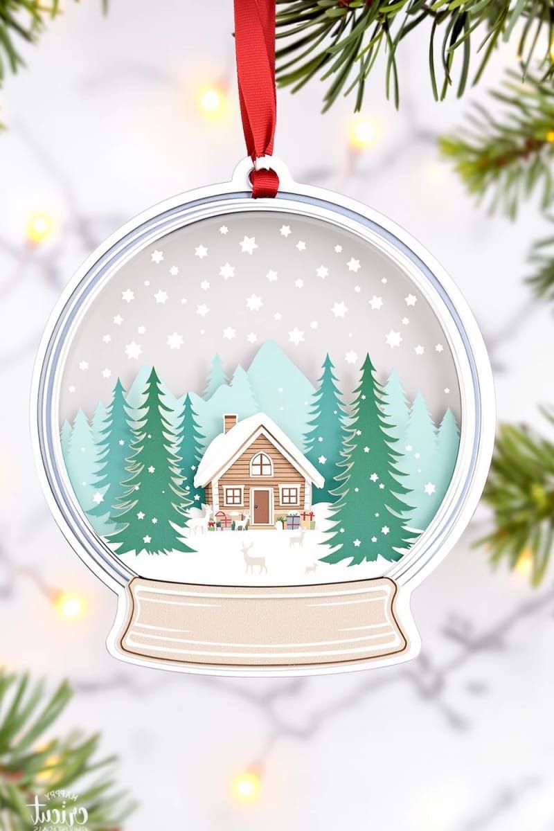 22. Woodland cabin snow globe ornament with layered snow