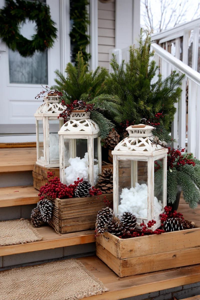 13. French country lanterns with faux snow and greenery - photo 2