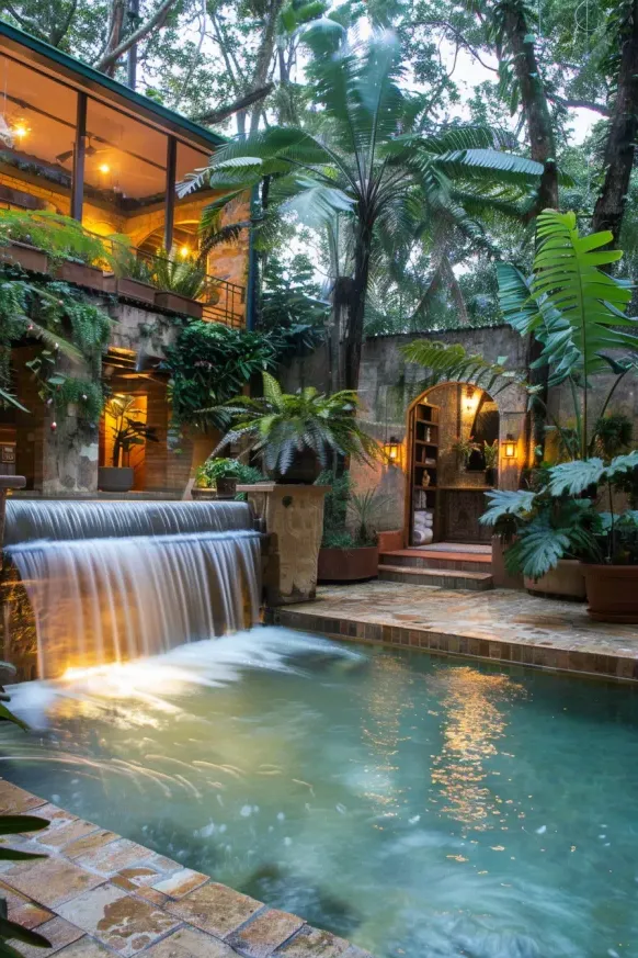 Tropical Pool Ideas with a Waterfall
