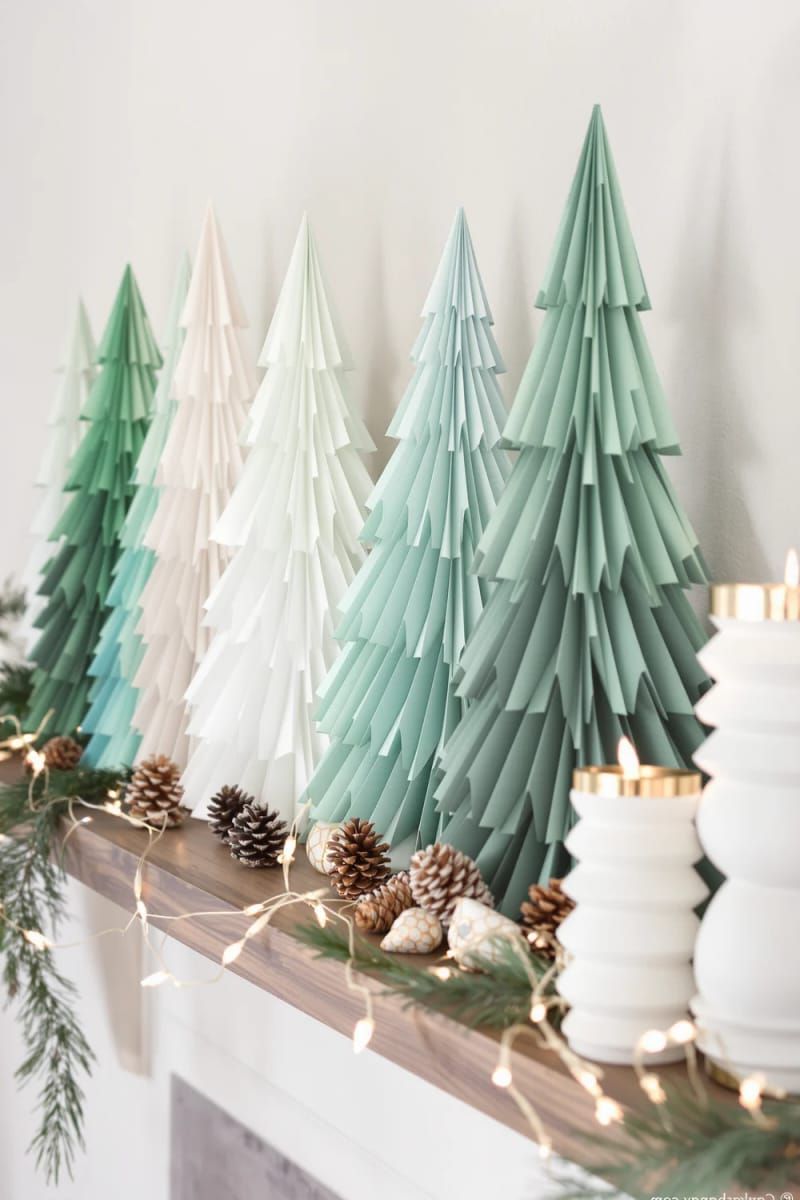 14. Ombre Folded Paper Trees for Shelf Decor