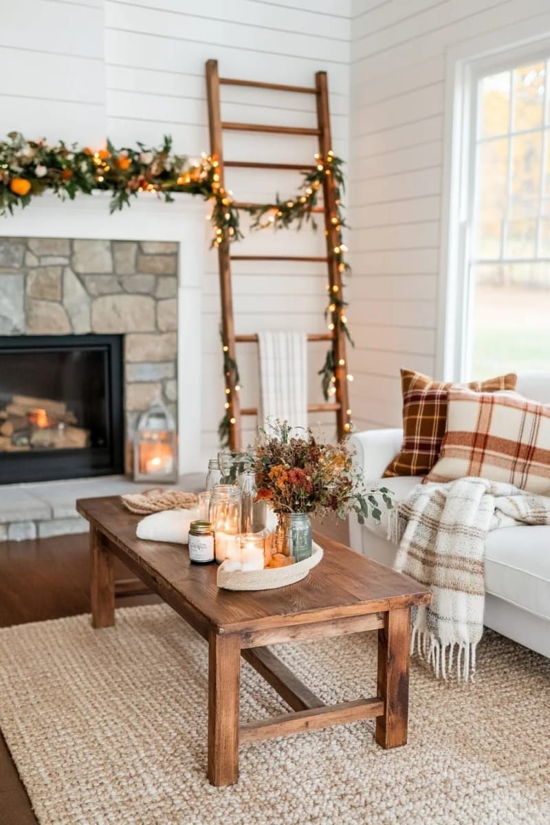 10. Rustic Ladder Styled with Plaid Blankets and Lights - photo 3
