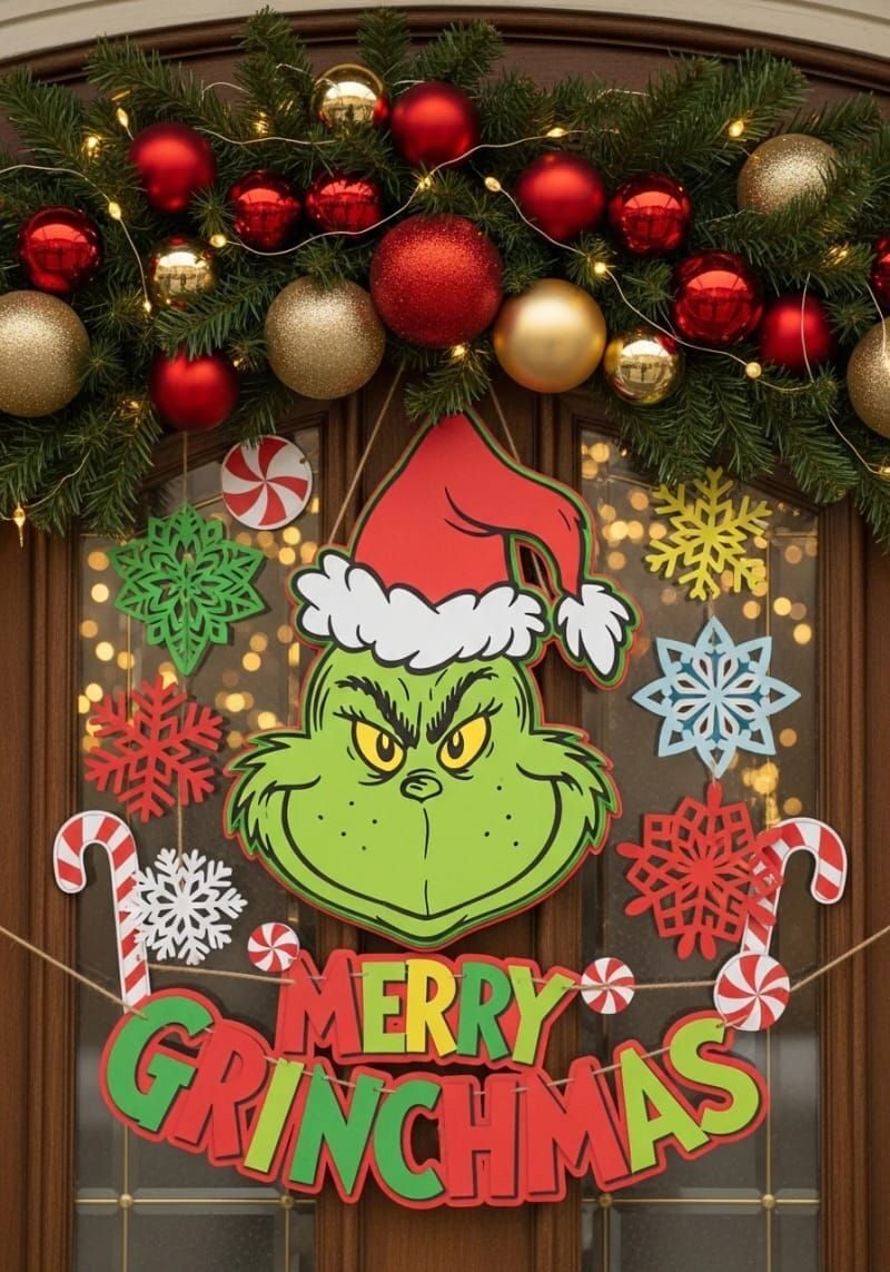 13. Playful Grinch door sign with layered cardstock details