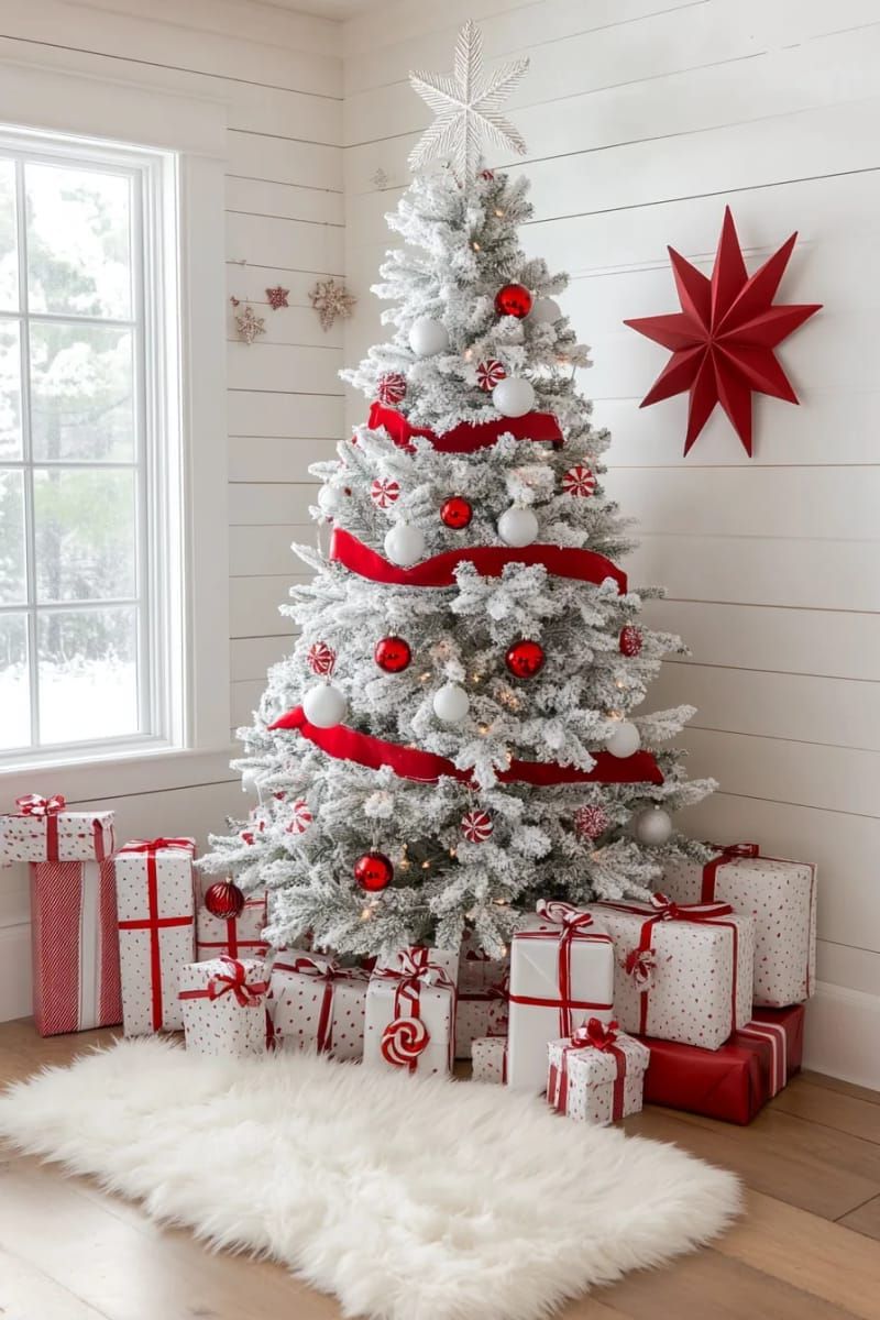 24. Striped red and white ribbon garland on a white tree - photo 4