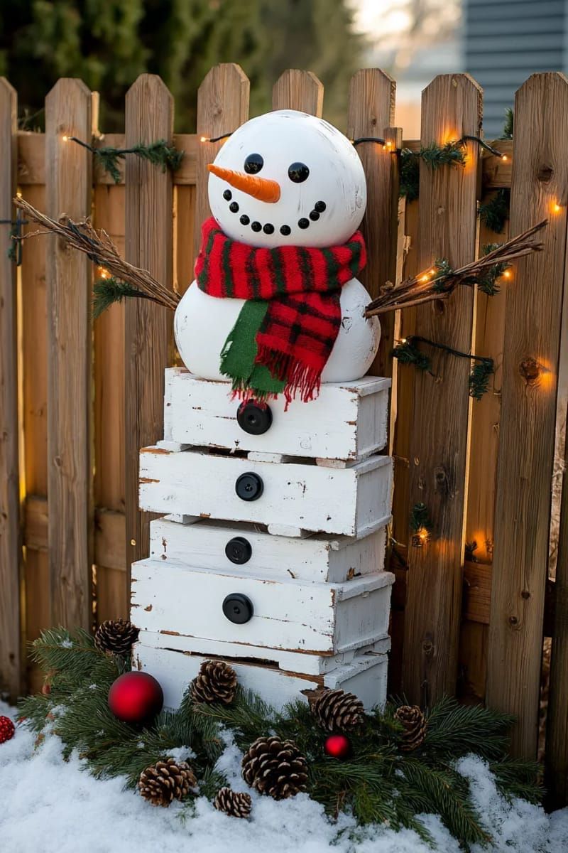 2. Stacked pallet snowmen with twig arms