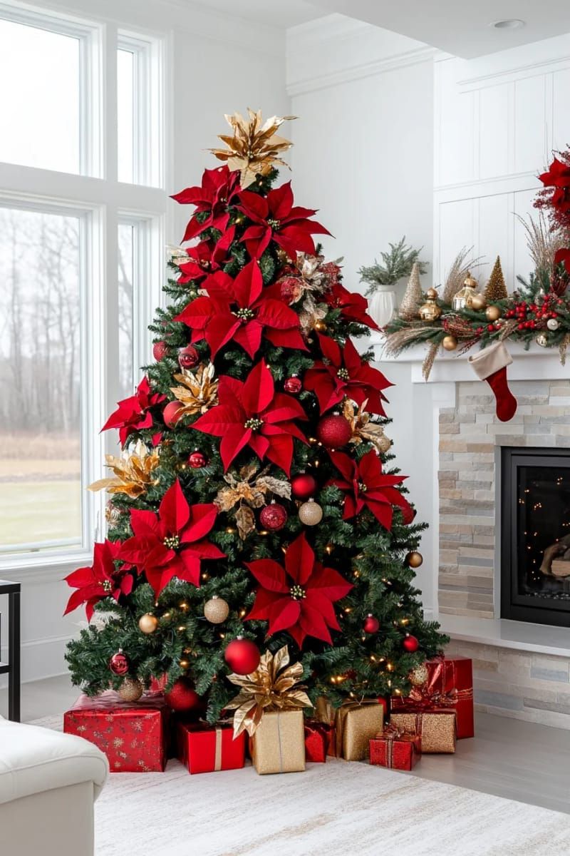13. Velvet poinsettias and gold leaf for traditional charm