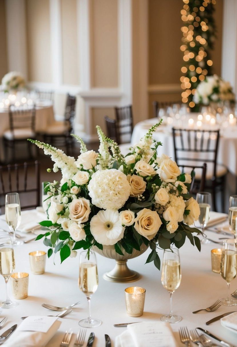 2) Ivory and champagne floral centerpieces