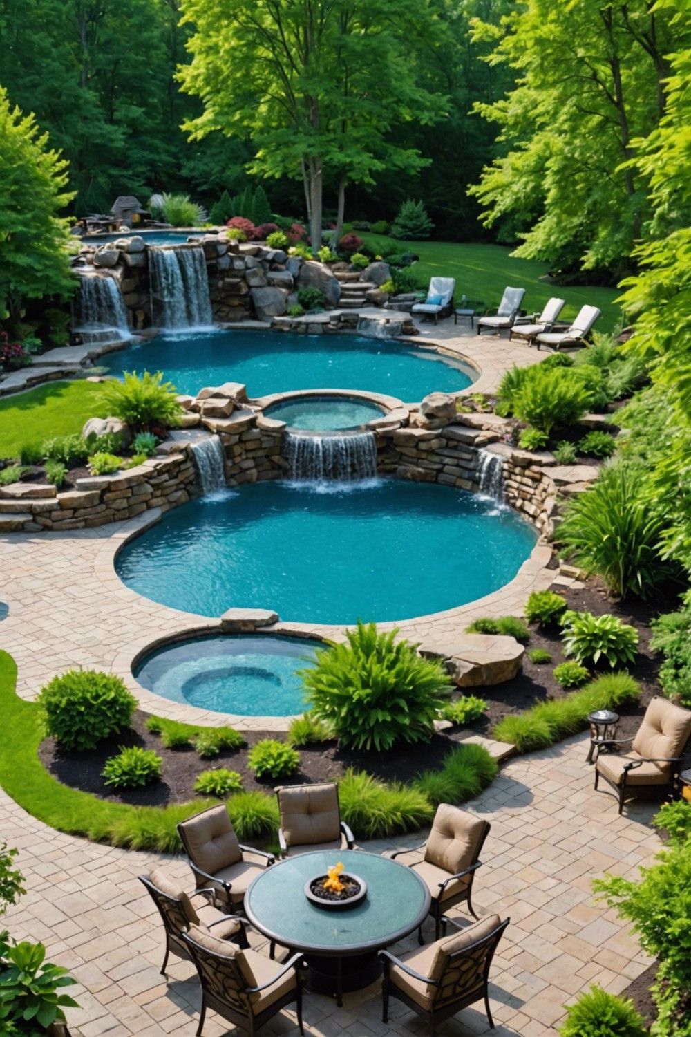 Round Pools Paired with Hot Tub and Waterfall