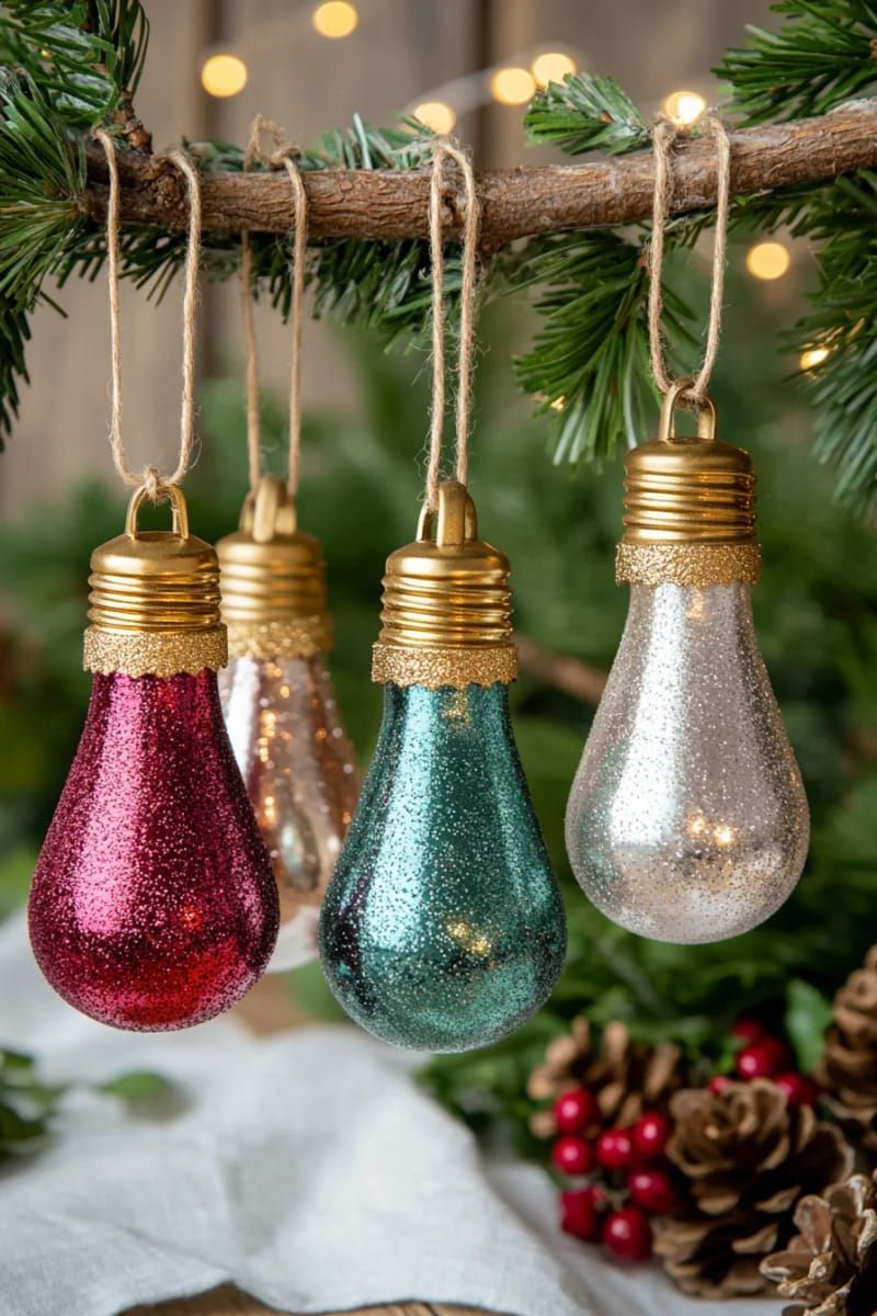 13. Vintage light bulb ornaments dipped in metallic paint and glitter