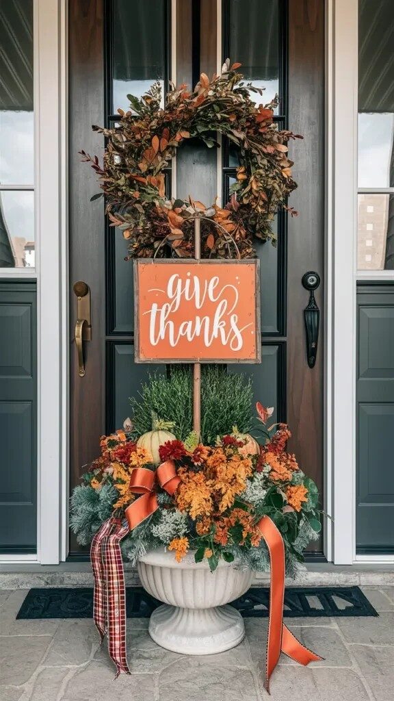 Fall Sign Planters with Wreaths and Garlands