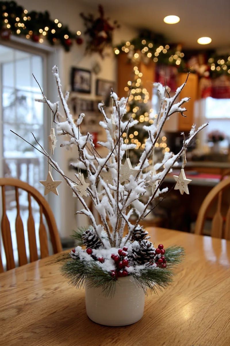 8. Snow-Dusted Branch Centerpiece with Wooden Stars - photo 2