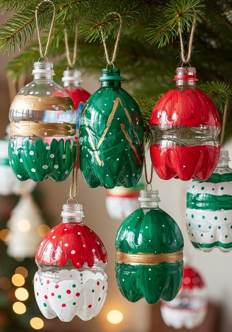 8. Recycled Bottle Ornaments in Holiday Colors