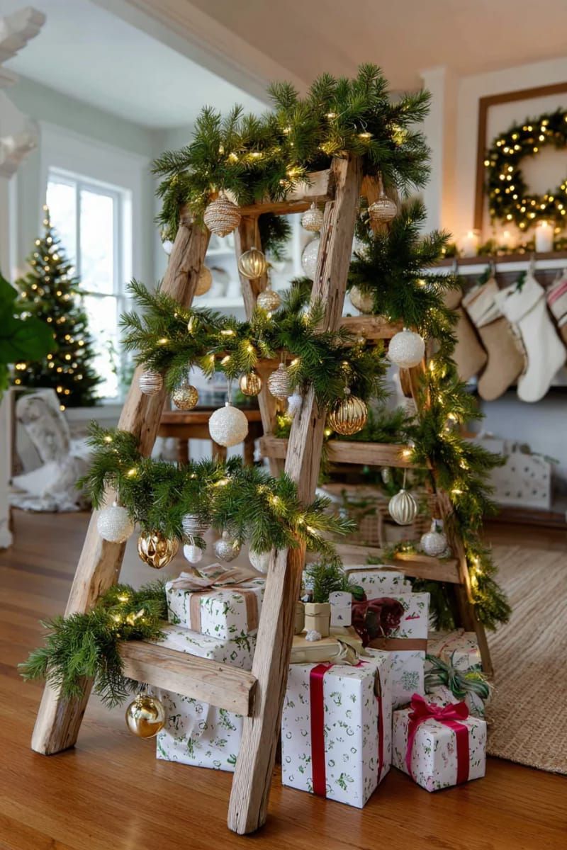 20. DIY ladder tree with garlands and metallic ornaments - photo 3