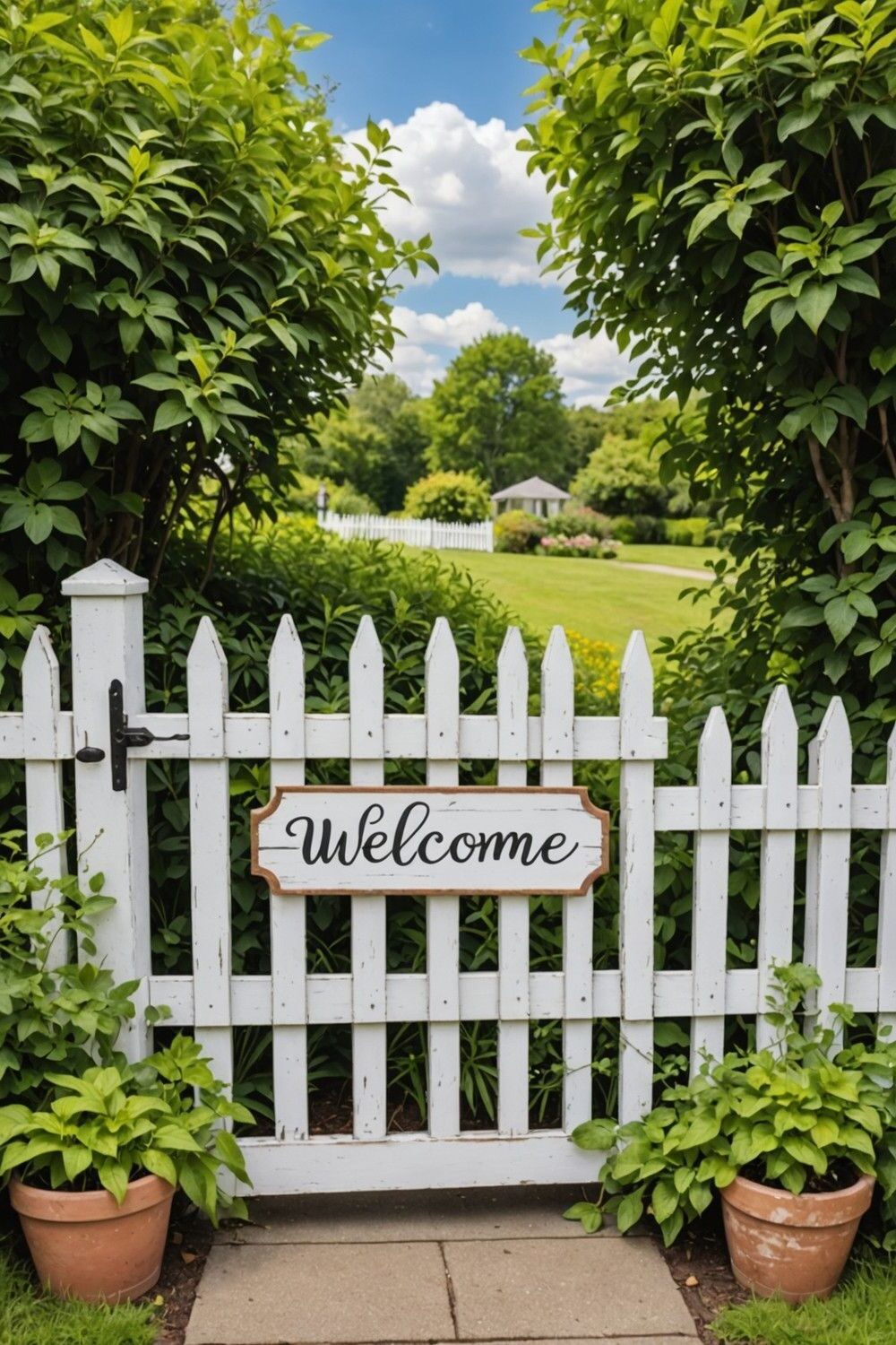 Picket Fence Gate Paired with a Welcome Sign