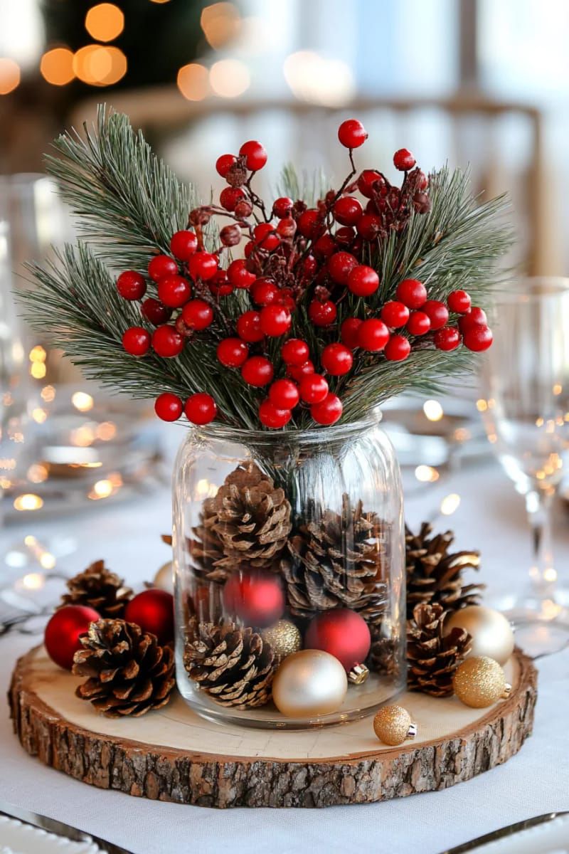 5. Faux Berry and Pinecone Vase on Wood Slice
