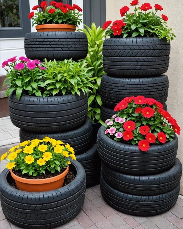 5) Upcycled Tires as Flower Pots