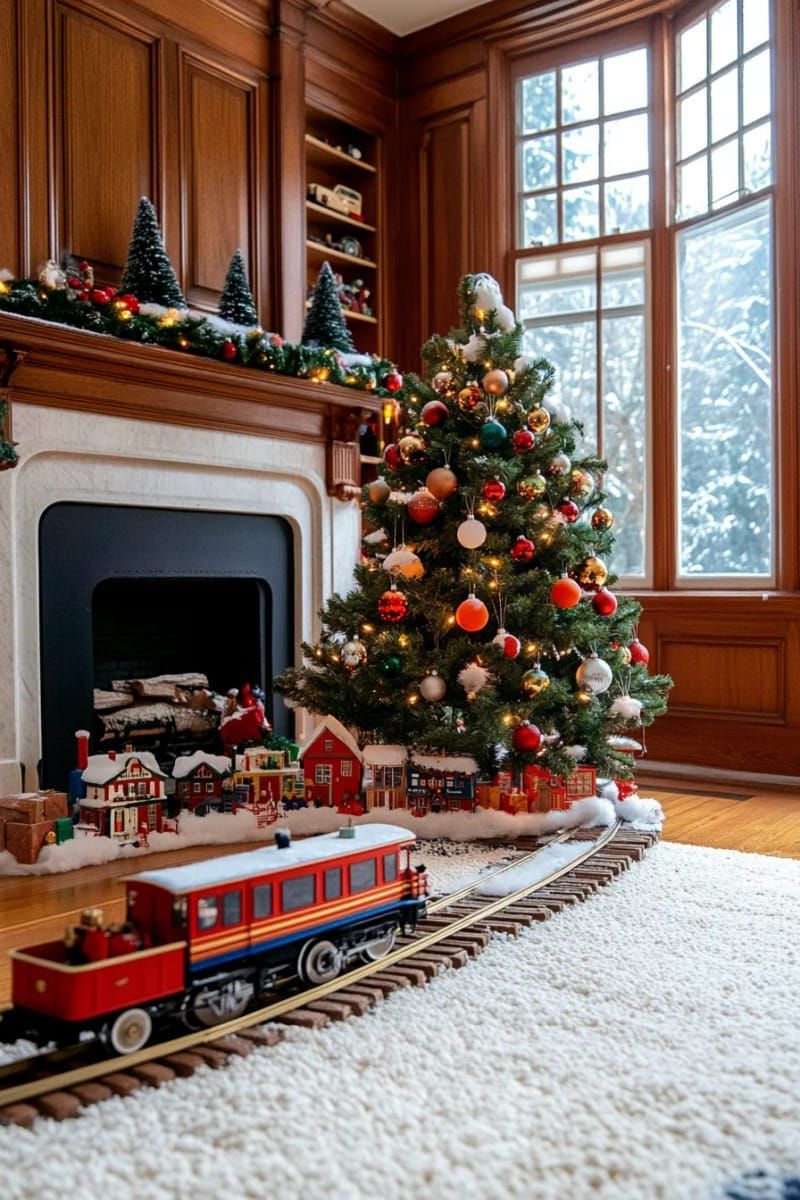 27. Toy Trains Circling a Snowy Tree